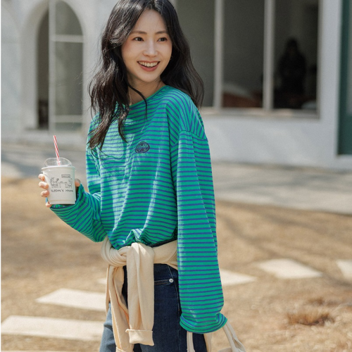 正韓  條紋寬鬆logo印花T上衣【B75908】