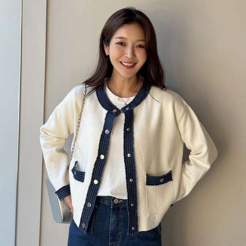 正韓  拼接牛仔設計配色 針織外套【A75902】