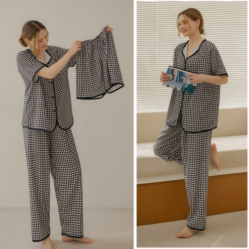 正韓 一套~格紋舒適短袖睡衣套裝 居家服 短褲 長褲【A75210】