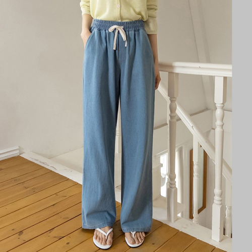 正韓 好版型牛仔藍抽繩修身寬管褲 休閒【E75212】韓國代購