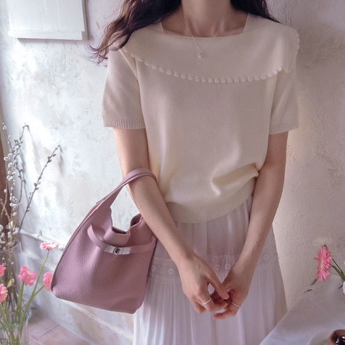 正韓 可愛斜紋波浪領柔軟彈性針織衫【E75263】 韓國代購