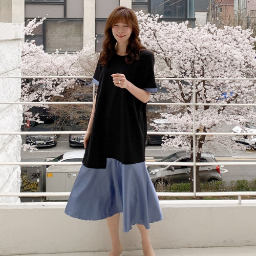 正韓  寬鬆版配色緞面連身裙 長洋裝大尺碼也可【A75263】