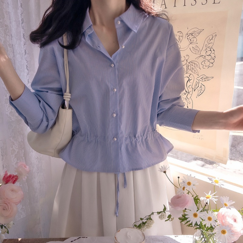 正韓 質感經典格紋可調式 縮腰襯衫【E75267】