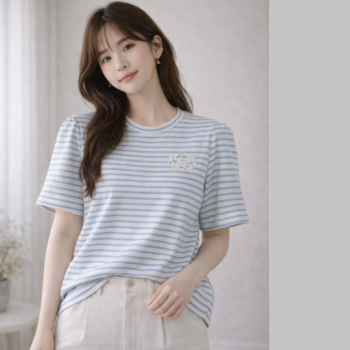 正韓 泡泡袖條紋抓褶蕾絲貼花 上衣【E75329】韓國代購