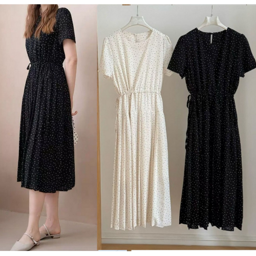 正韓 點點縮腰抓褶腰身 長洋裝連身裙【E75327】韓國代購