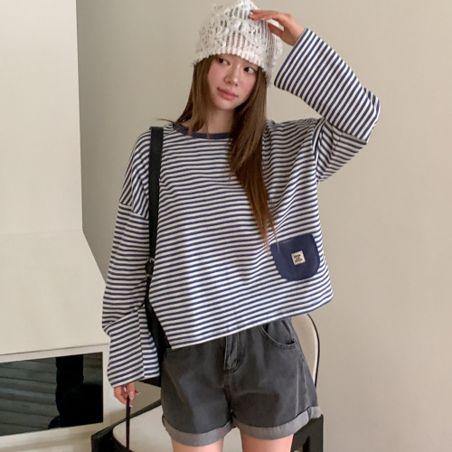 正韓 拼接條紋口袋貼布 Oversize 長袖 T 恤【w70283】韓國代購