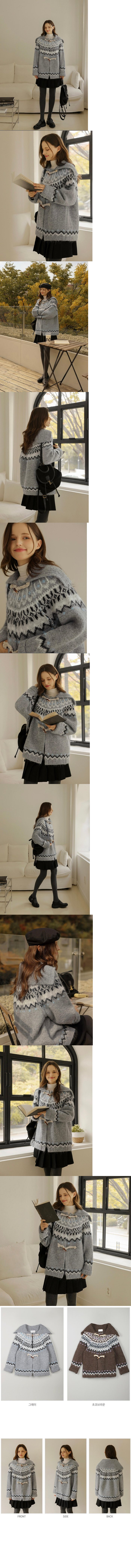  正韓 北歐圖騰印花 大翻領牛角扣針織半長外套【C622372】 
