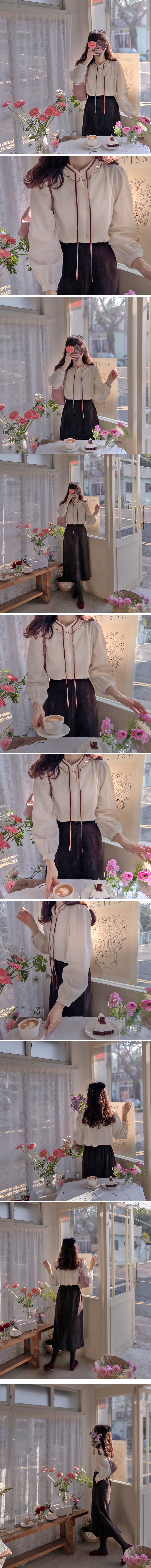 正韓 天鵝絨配色領繫帶荷葉領 襯衫【k623402】韓國代購