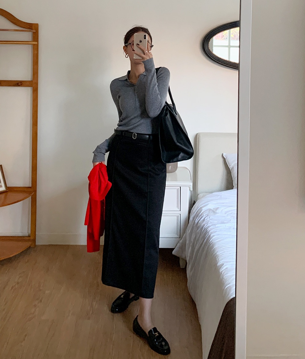 正韓  螺紋合身開扣彈性翻領 針織上衣【k62348】