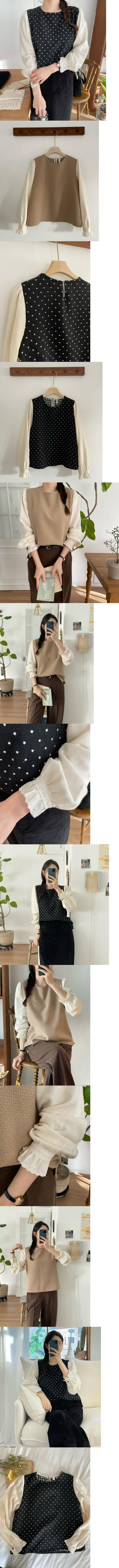 正韓 拼接點點緹花袖口 上衣T【A23342】韓國代購