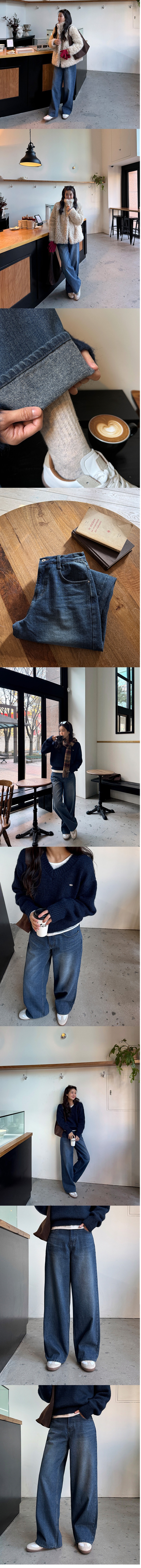  正韓 美版型弧形剪裁 內磨毛牛仔褲【A23349】韓國代購