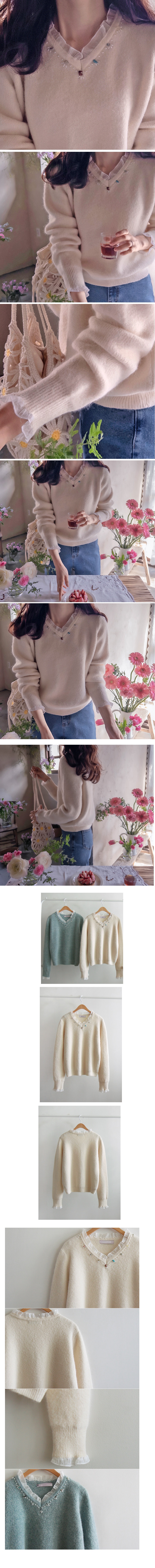  正韓 拼接寶石領袖 荷葉邊寬鬆羊毛針織衫【T72327】韓國代購