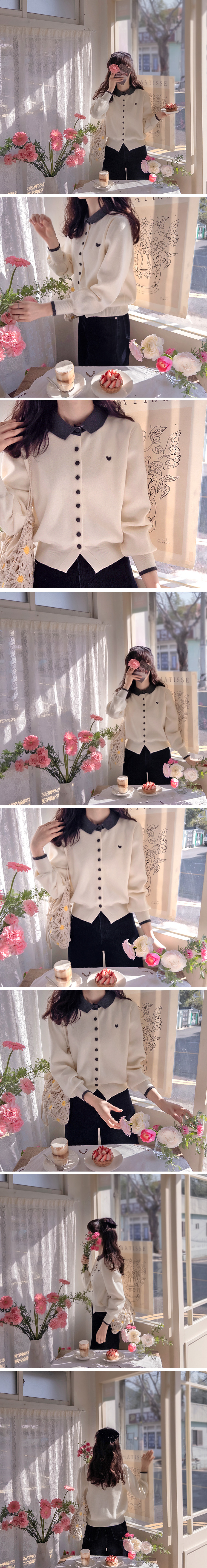  正韓 愛心刺繡領彈性柔軟開襟衫【F7236】韓國代購