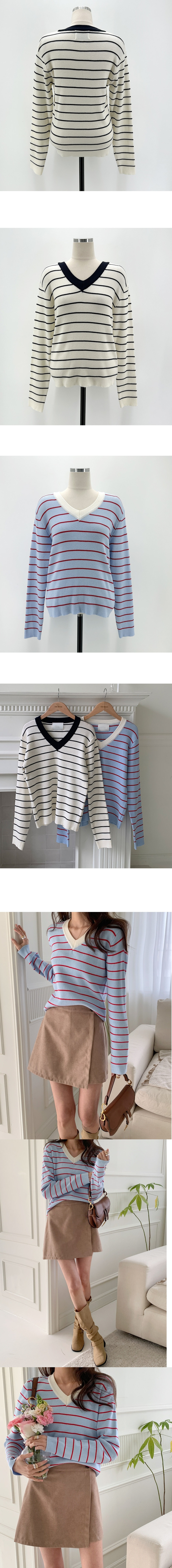  正韓 亮眼彩色 V領配色彈性條紋上衣【A73401】韓國代購