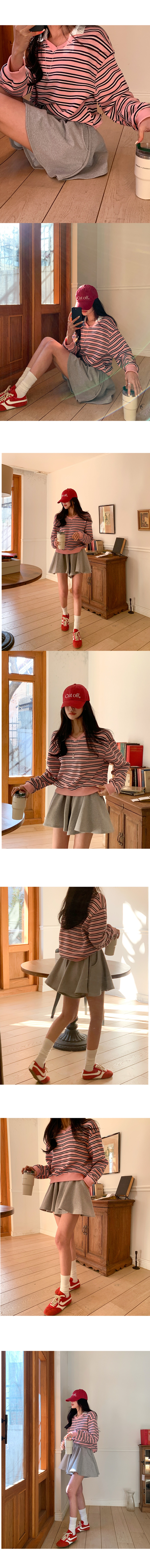 正韓  配色翻領條紋寬鬆棉T上衣【C73375】韓國代購