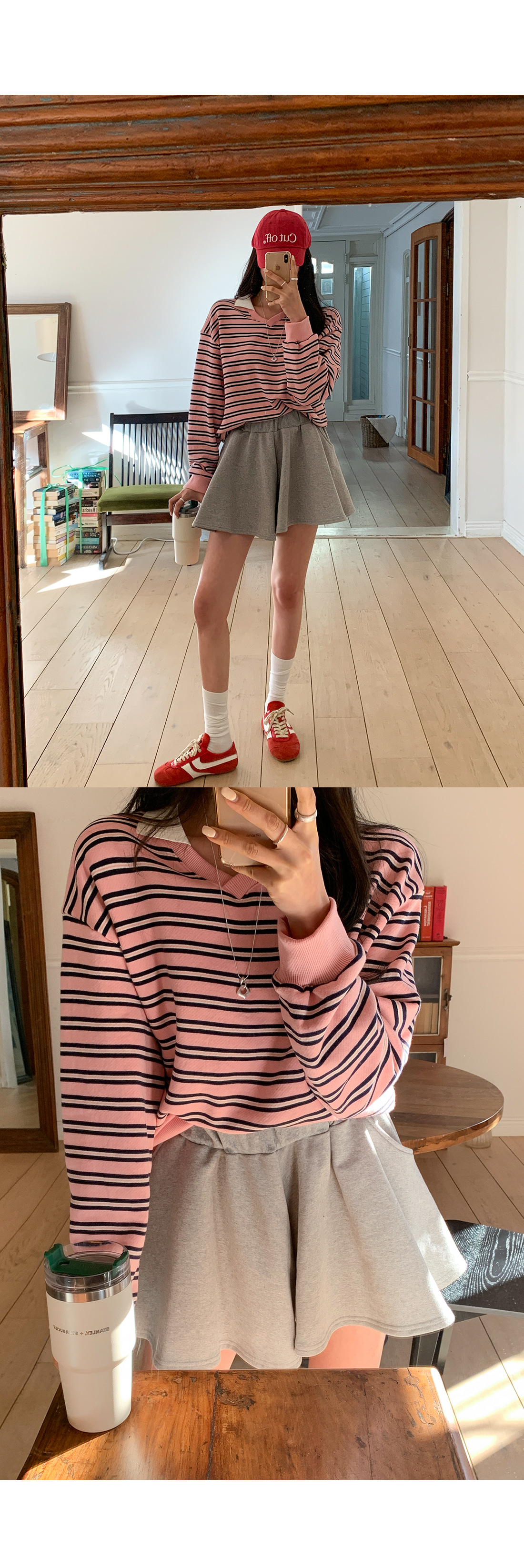 正韓  配色翻領條紋寬鬆棉T上衣【C73375】韓國代購