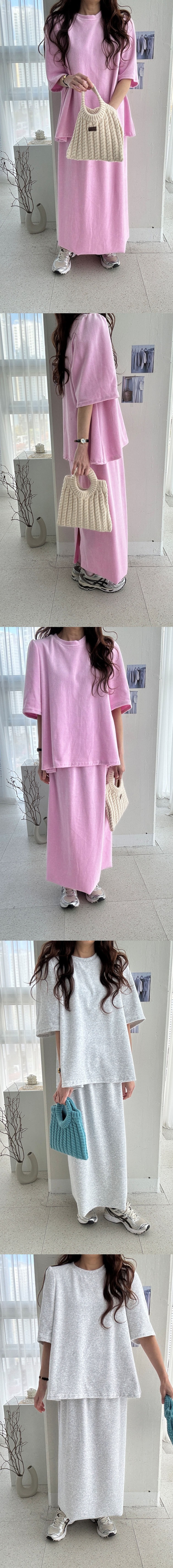 正韓 一套!天鵝絨泡泡袖短袖微A字版+長裙 套裝【B74403】韓國代購