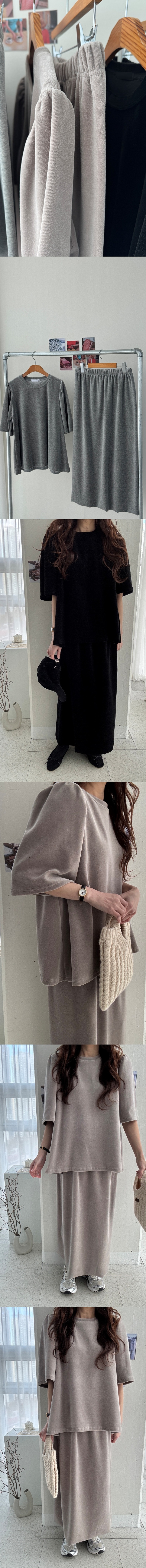 正韓 一套!天鵝絨泡泡袖短袖微A字版+長裙 套裝【B74403】韓國代購