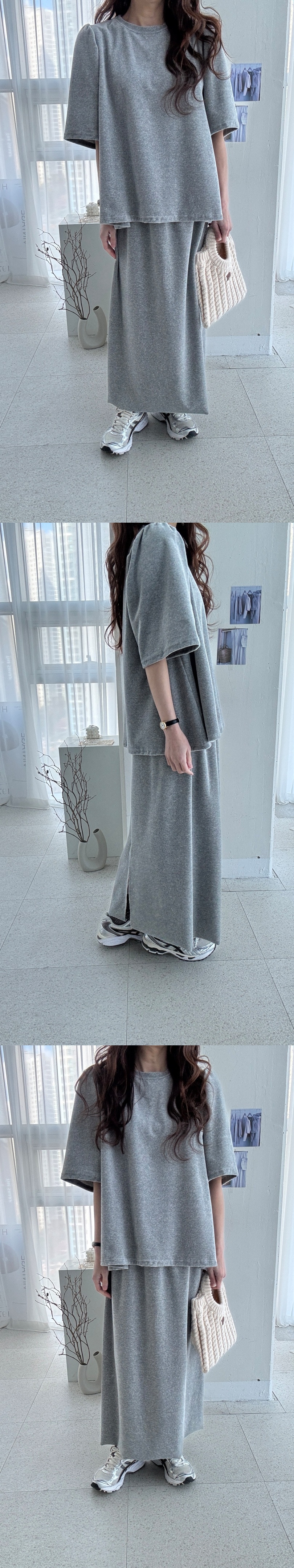 正韓 一套!天鵝絨泡泡袖短袖微A字版+長裙 套裝【B74403】韓國代購