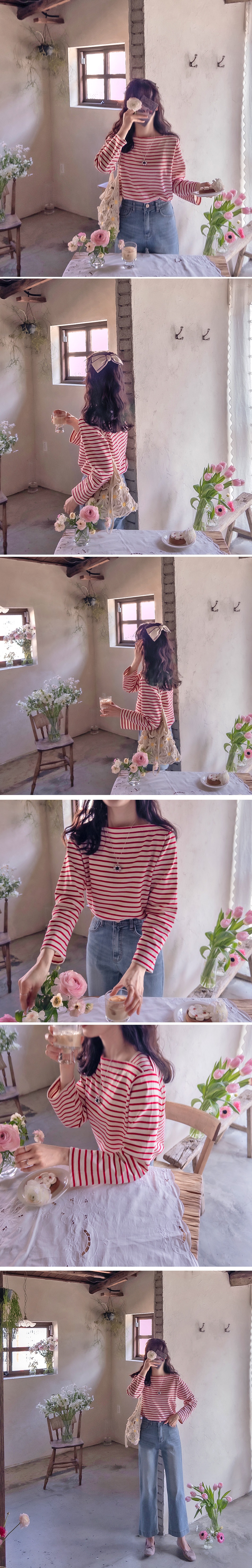  正韓 方領條紋棉T上衣【YA74506】韓國代購