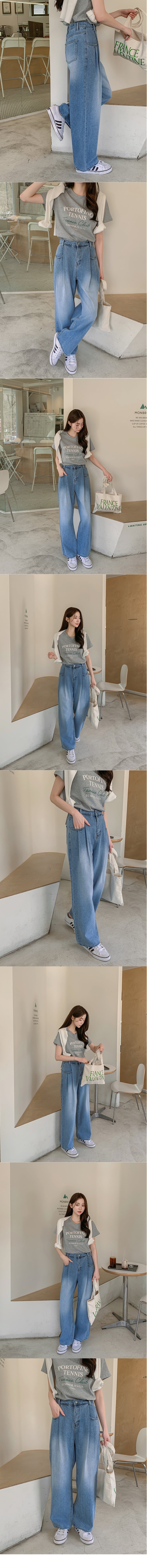 正韓 自然刷色 抓褶後鬆緊腰圍 挺版牛仔寬褲【S64397】韓國代購