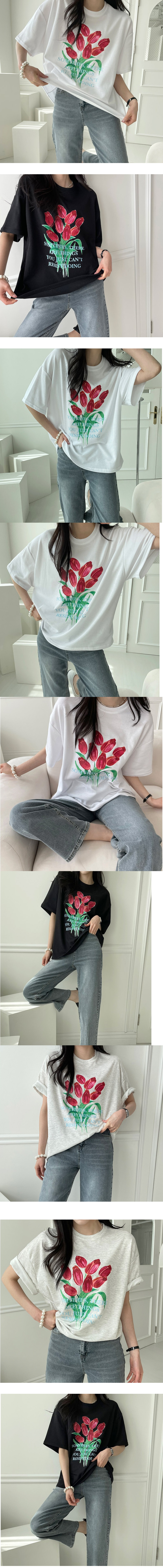 正韓  注目配色花朵短袖寬鬆T【FA40376】