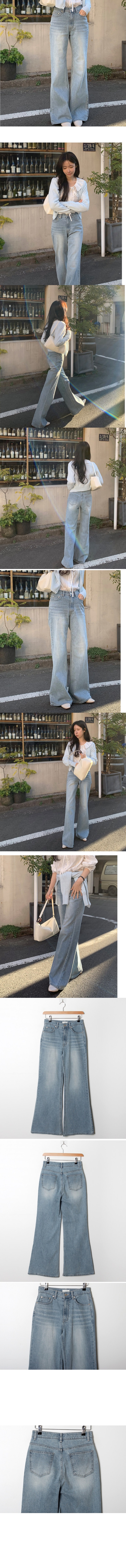 正韓   水洗淺藍牛仔修身 牛仔喇叭褲【A74702】 