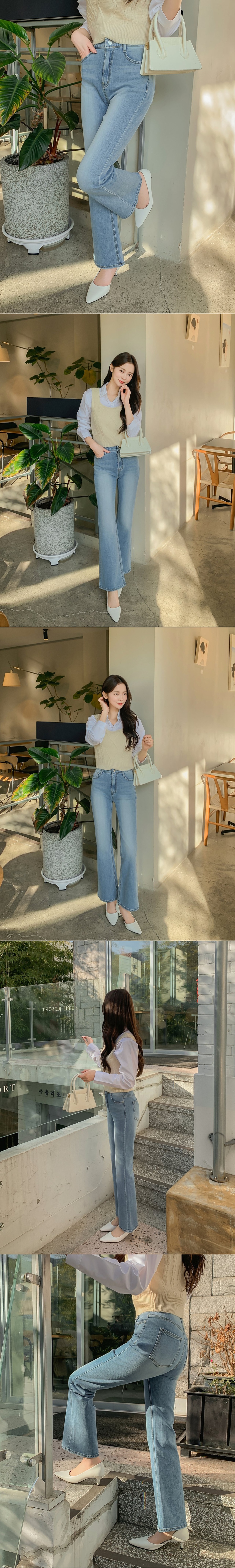 正韓 自然刷色內鬆緊腰 牛仔喇叭褲九分褲【C74706】韓國代購