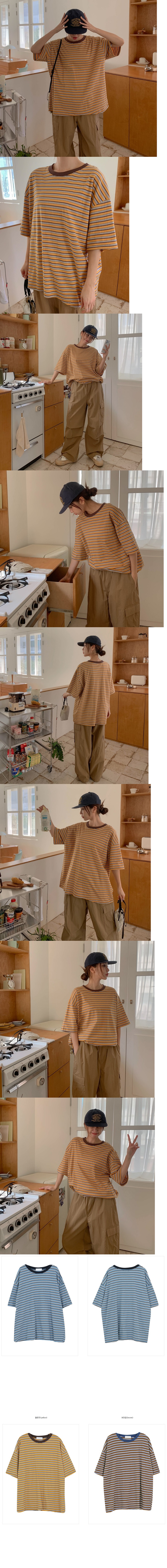 正韓  寬鬆休閒配色條紋 五分袖上衣【A74241】