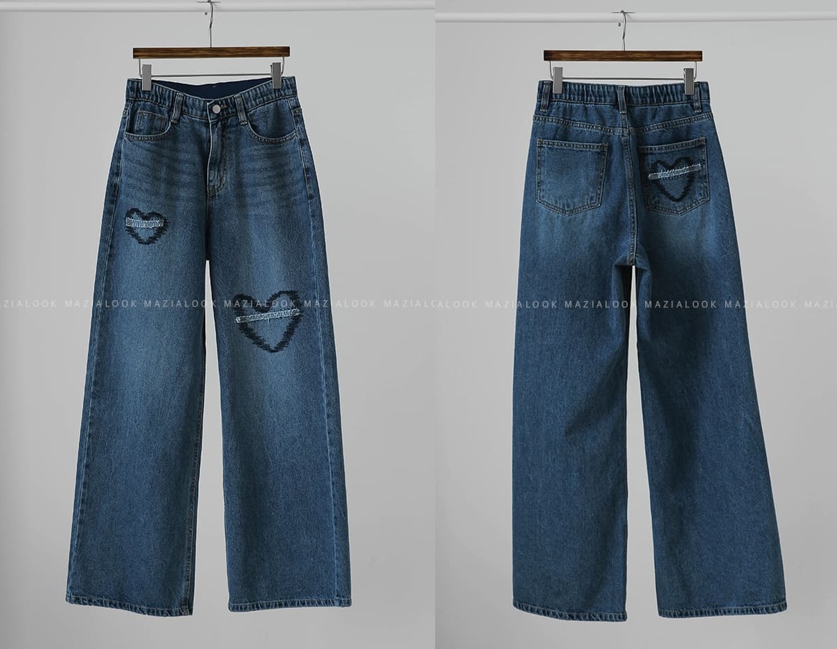  正韓 內鬆緊腰 愛心刺繡牛仔褲直筒寬褲長褲【C74423】韓國代購