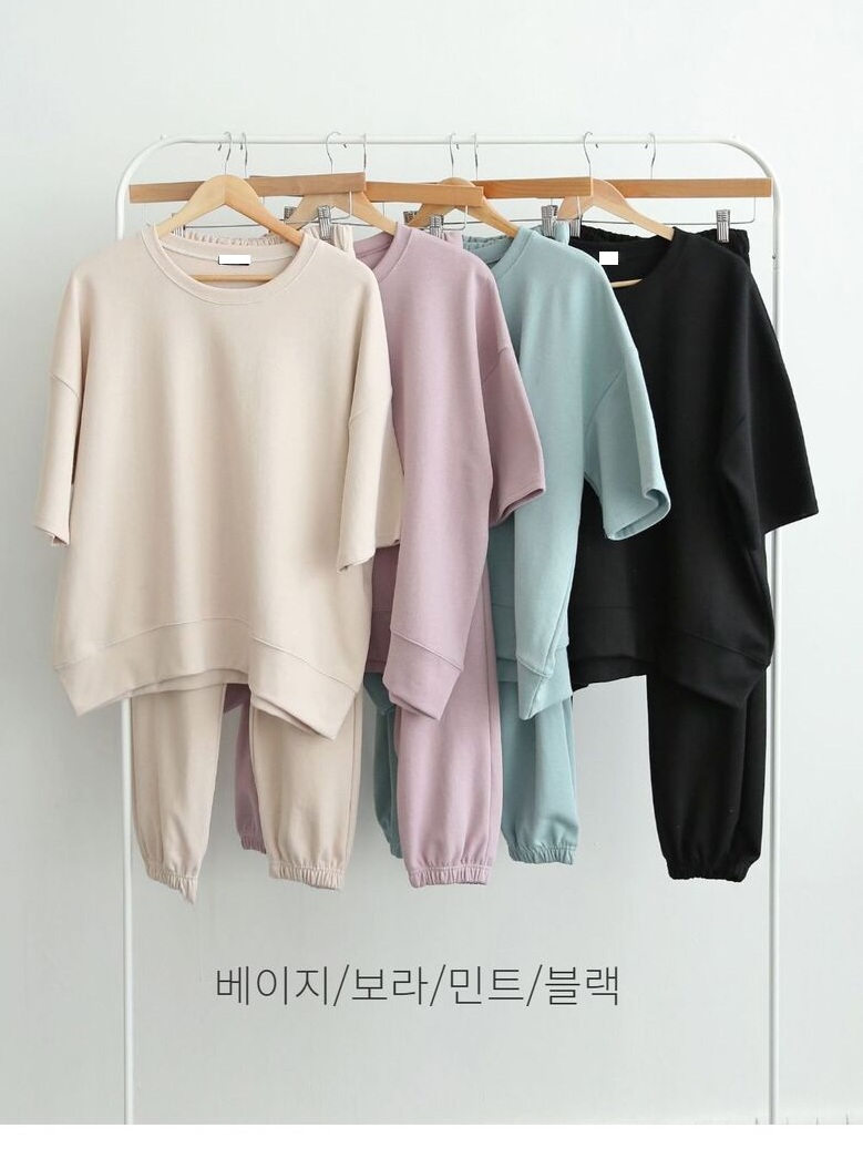 正韓 一套!落肩寬鬆T五分袖上衣+縮口褲 套裝運動【A75807】韓國代購