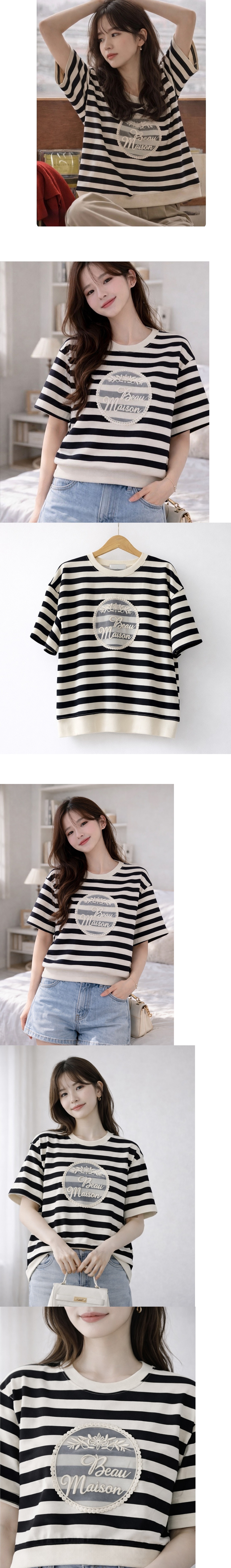   正韓 蕾絲條紋刺繡純棉短T上衣【E75331】韓國代購