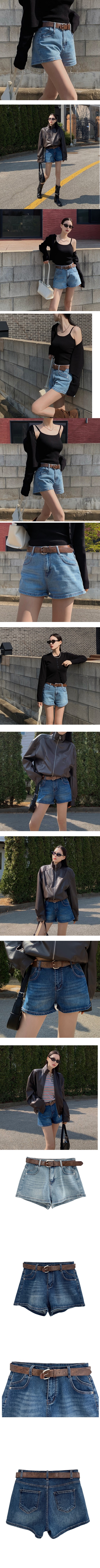 正韓  自然水洗時尚修飾感 附腰帶牛仔短褲【A75349】