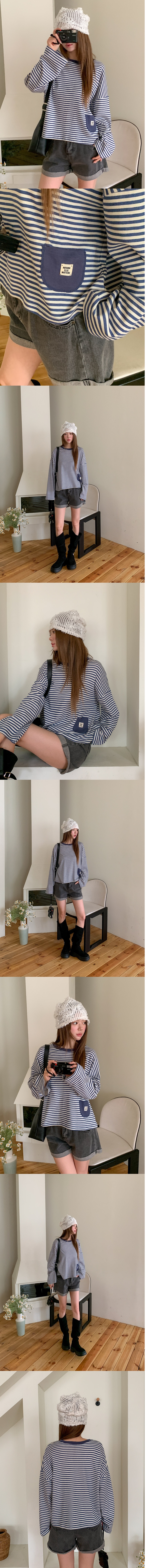正韓 拼接條紋口袋貼布 Oversize 長袖 T 恤【w70283】韓國代購